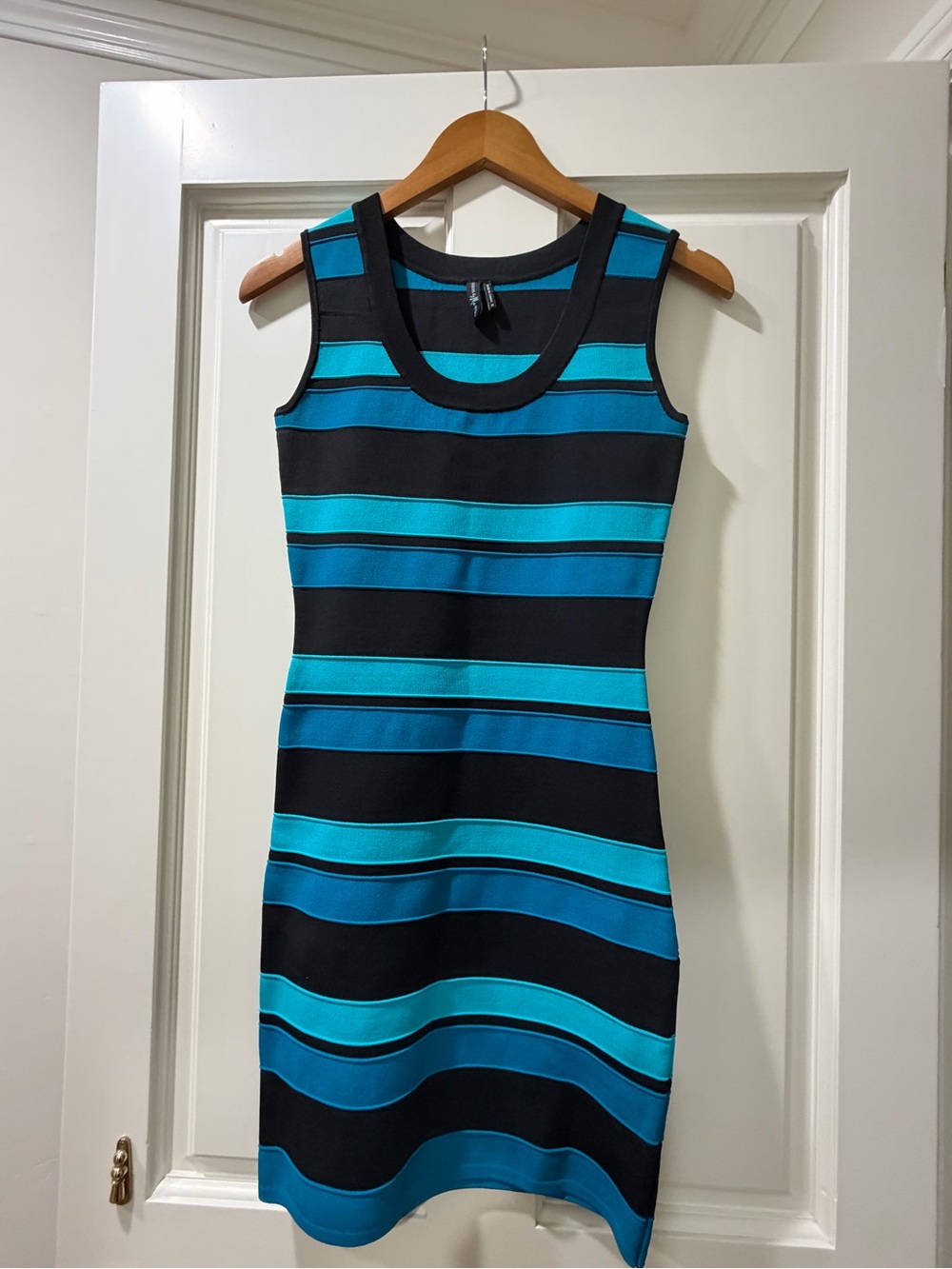 Guess by Marciano Black and Teal Striped Sleeveless Bodycon Dress